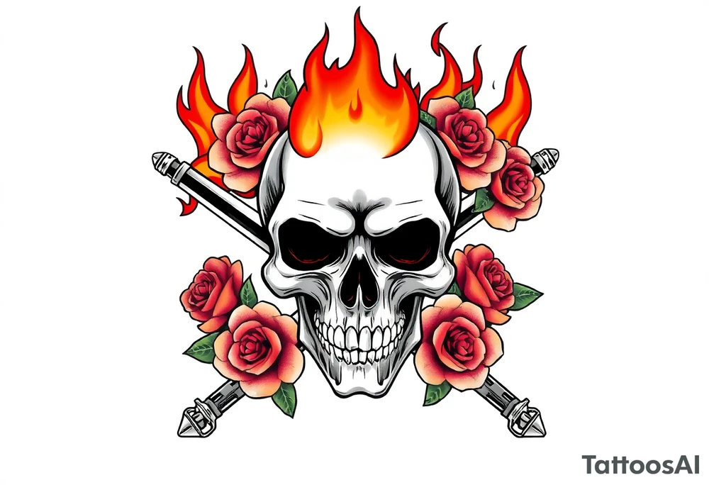 Skull with fiery flames, crossed broadswords, vibrant blooming roses. tattoo idea