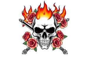 Skull with fiery flames, crossed broadswords, vibrant blooming roses. tattoo idea