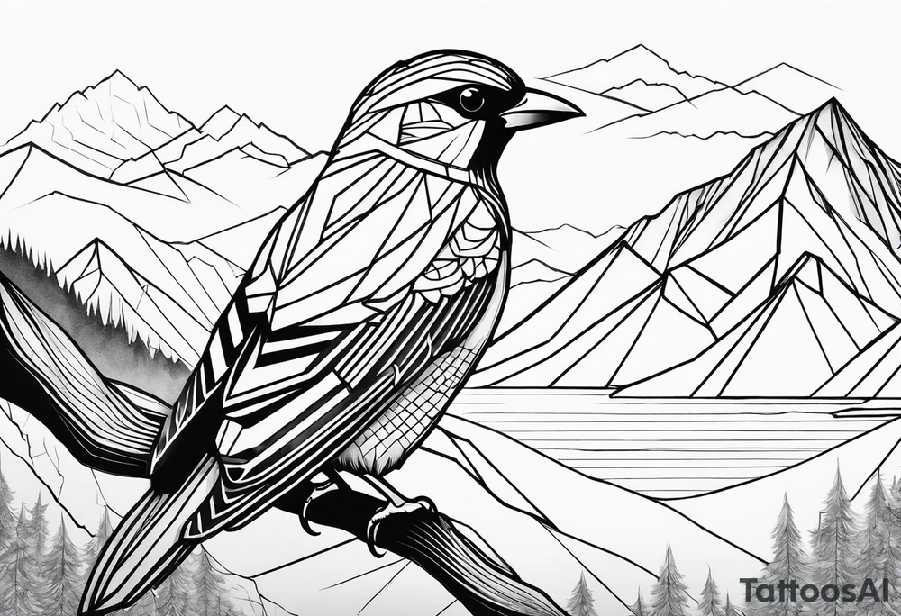 Geometric Black and white bird outline with mountains in distance tattoo idea