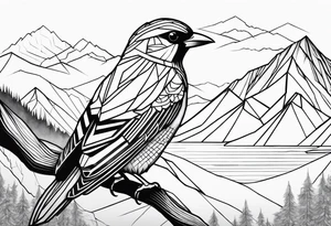 Geometric Black and white bird outline with mountains in distance tattoo idea