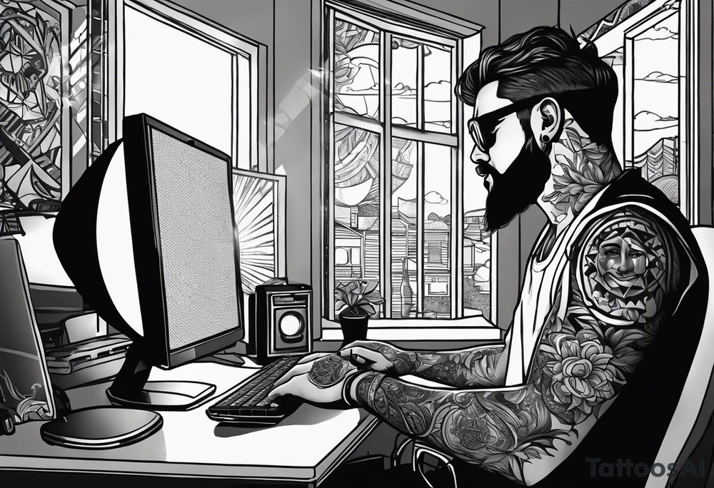 Its Night, Man behind computer in his room on windows are sun blockers, night lights come through sun blockers with ciggarete in his mouth tattoo idea