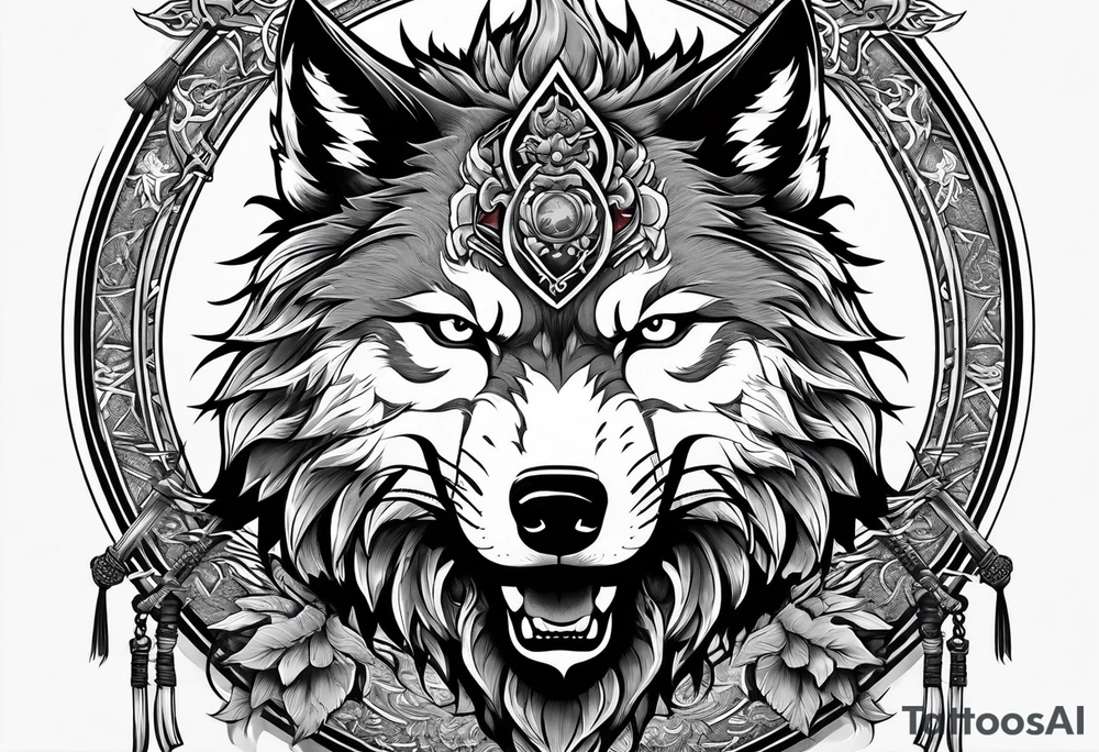 wolf head with katana in mouth tattoo idea