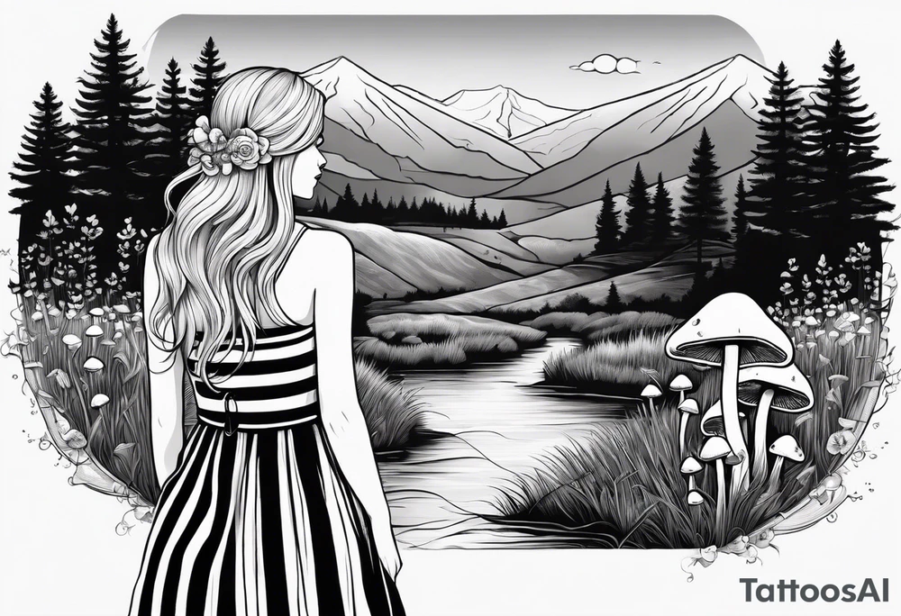 Straight long blonde hair girl standing in right corner in distance holding mushrooms in hand facing away toward mountains and creek surrounded by mushrooms black and white striped dress tattoo idea
