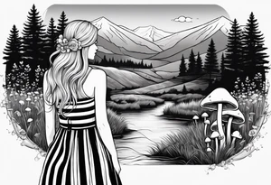 Straight long blonde hair girl standing in right corner in distance holding mushrooms in hand facing away toward mountains and creek surrounded by mushrooms black and white striped dress tattoo idea