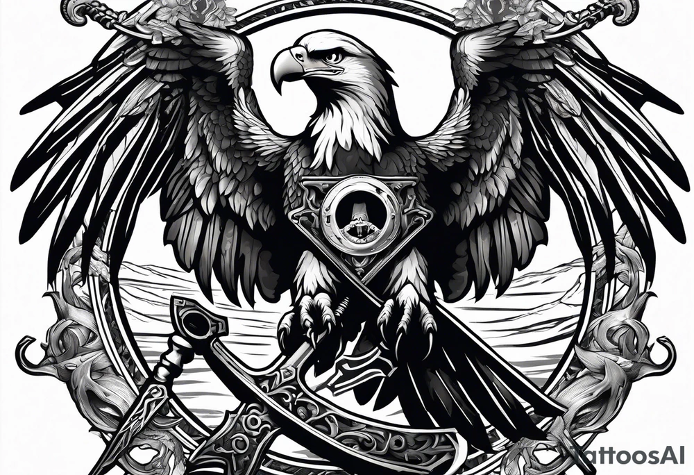 Eagle holding a skull in claws, and scythe in the shape of anchor tattoo idea