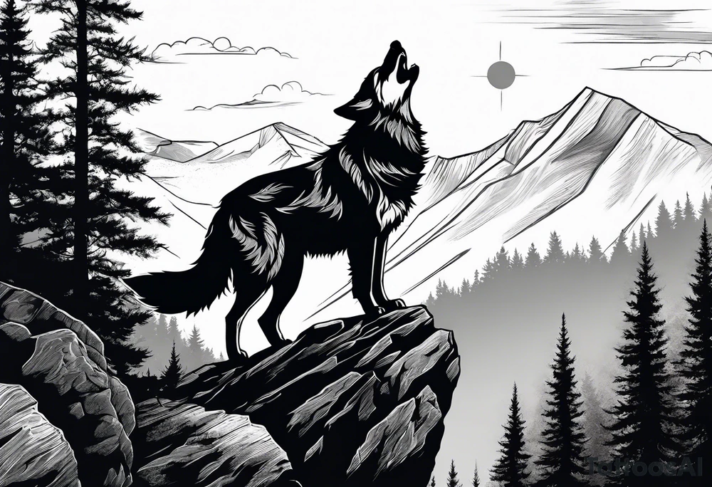 A wolf howling at the full monn on top of a rock surrounded by trees tattoo idea