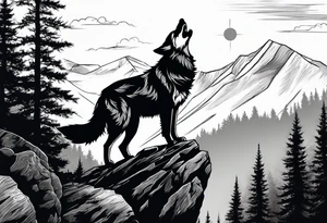 A wolf howling at the full monn on top of a rock surrounded by trees tattoo idea