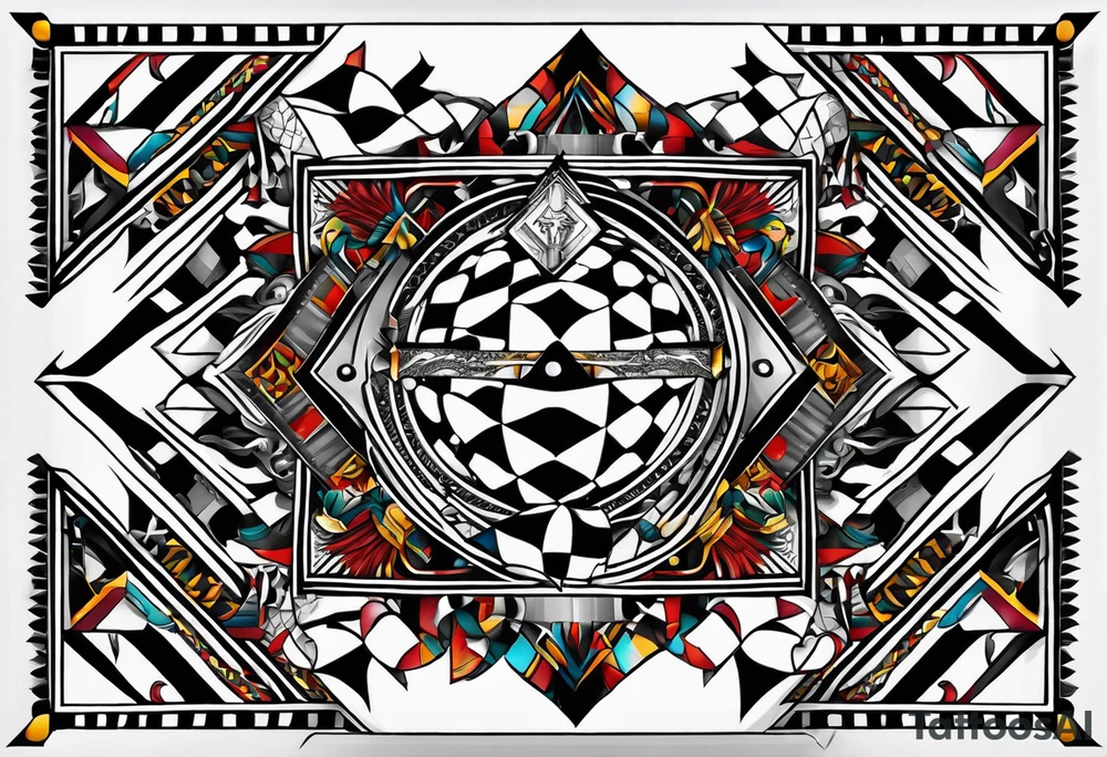 Geometric tapestry with trident and chequered flag and marathon on arm tattoo idea