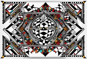 Geometric tapestry with trident and chequered flag and marathon on arm tattoo idea