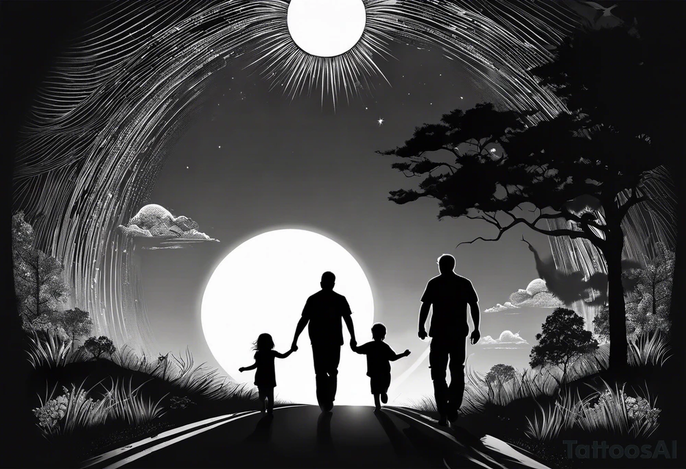 chest and sleeve sun rays with road and dad, daughter and son silhouette tattoo idea