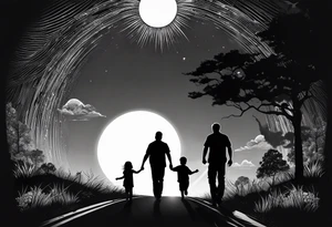 chest and sleeve sun rays with road and dad, daughter and son silhouette tattoo idea