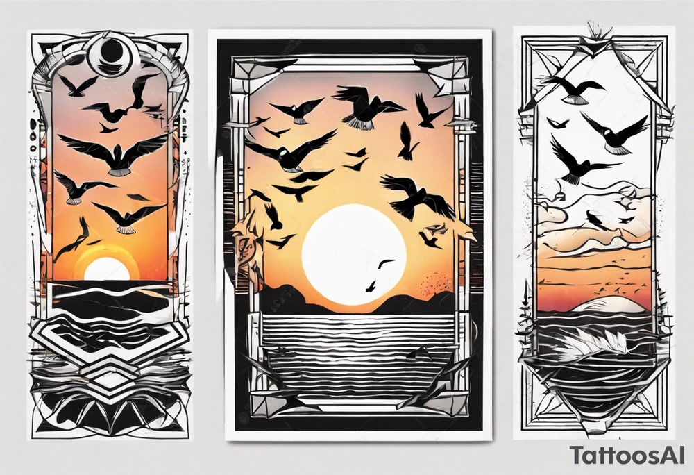 Sunset over the sea with birds flying in a rectangle tattoo idea Sunset over the sea with birds flying in a rectangle tattoo idea