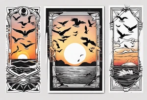 Sunset over the sea with birds flying in a rectangle tattoo idea