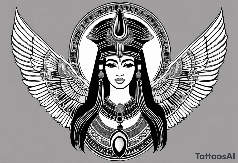 black and white Egyptian goddess Isis, who is often depicted as a woman with outstretched wings, holding an ankh (a symbol of life) in one hand and a lotus flower in the other. Her headdress often includes a throne or a solar disk. The tattoo design can vary in style and size, but it typically aims to capture the essence of this revered Egyptian deity, emphasizing her beauty, power, and maternal qualities. The choice of colors and additional elements can also be customized to create a unique and visually striking representation of the goddess Isis tattoo idea