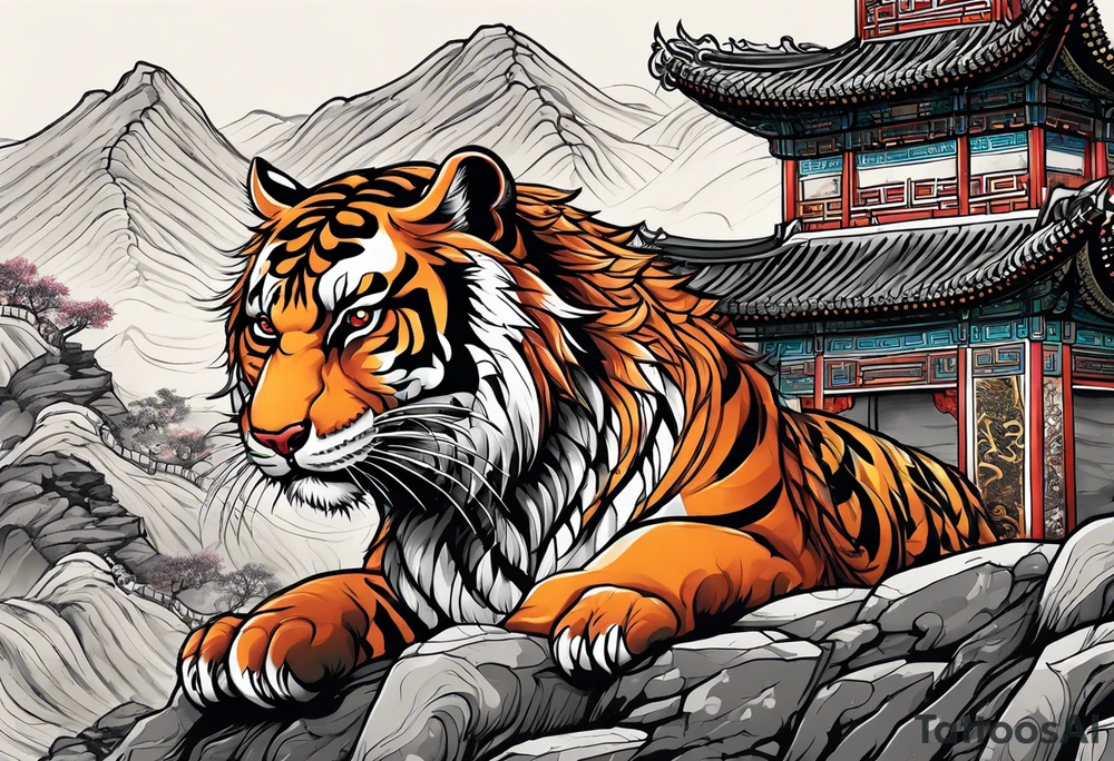 In English:

Create for me a tattoo in the Chinese style featuring a tiger, a rat, a snake, the Great Wall of China, and a temple. tattoo idea