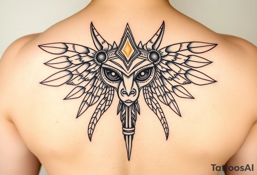 "Anubis as gold ufo 3 eyes

Style: Hyper-detailed blackwork. Thigh/calf placement." tattoo idea