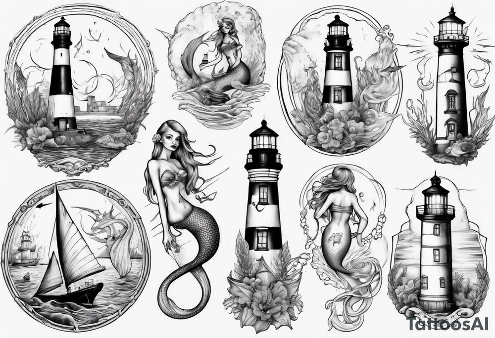 Mermaid looking at lighthouse tattoo idea
