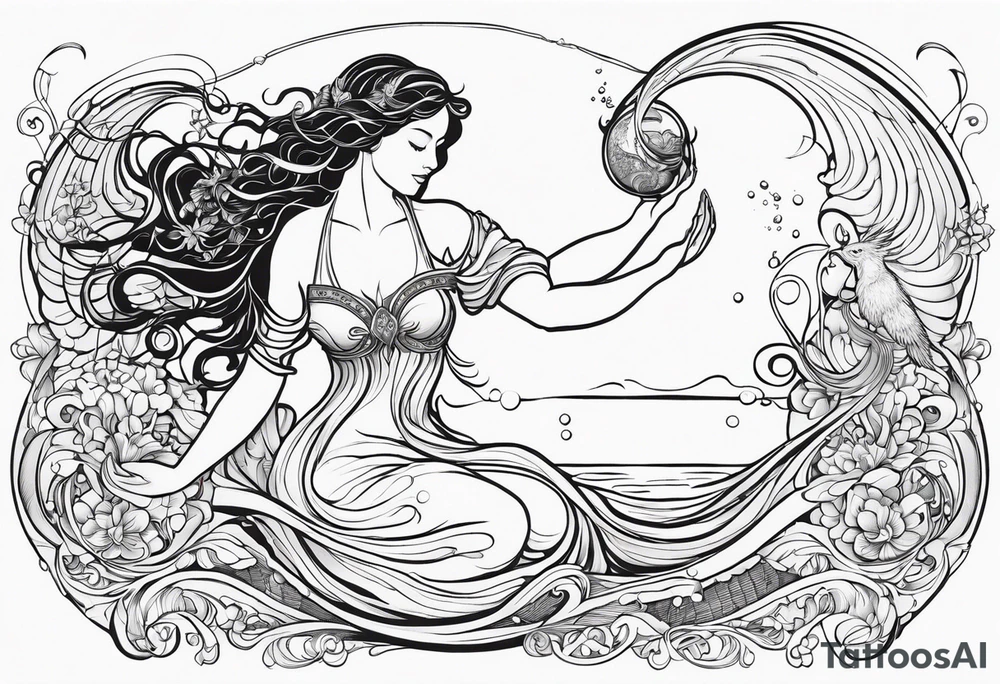 A black line ink design for a full sleeve tattoo featuring a beautiful, semi-naked woman representing the Aquarius water bearer. She has elegant, detailed angel wings and is pouring water out of a jug into a flowing stream. The stream curves around the arm, and within it, a single crab is visible, symbolizing the zodiac sign Cancer. The design should emphasize intricate line work, with a focus on the flowing water, the woman’s serene expression, and the detailed wings. The overall style should be elegant and mystical, with an emphasis on the contrast between the soft curves of the woman and the fluidity of the water, all rendered in black ink only. tattoo idea