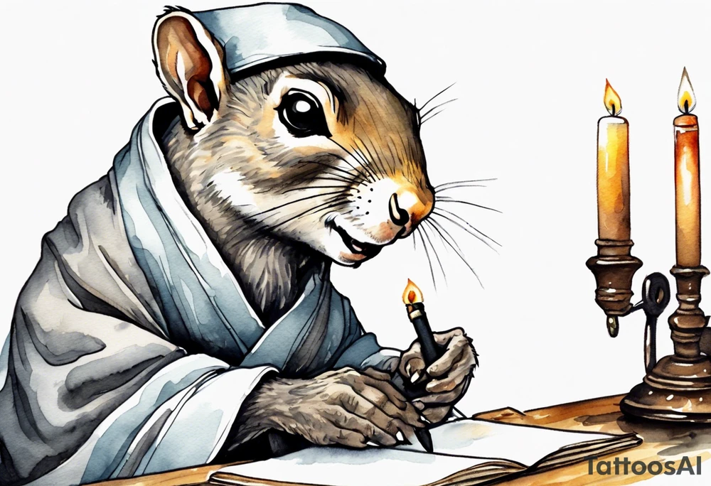 an elderly grey squirrel dressed in a monk robe wearing an eye patch sitting at a desk in the dark writing by candlelight tattoo idea