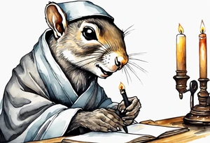 an elderly grey squirrel dressed in a monk robe wearing an eye patch sitting at a desk in the dark writing by candlelight tattoo idea