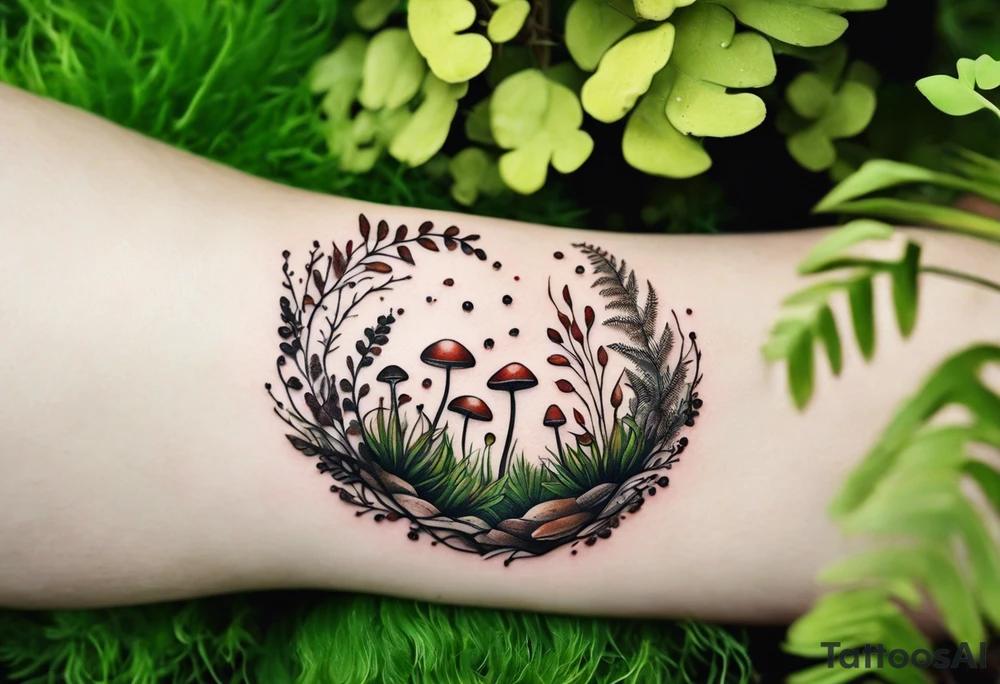 minimalistic forest floor inspired tattoo, which includes grass, moss, curly ferns and dead leaves as the bulk of the tattoo. details to include: forest berries, couple of very small brown mushrooms, a tiny bumblebee flying nearby tattoo idea