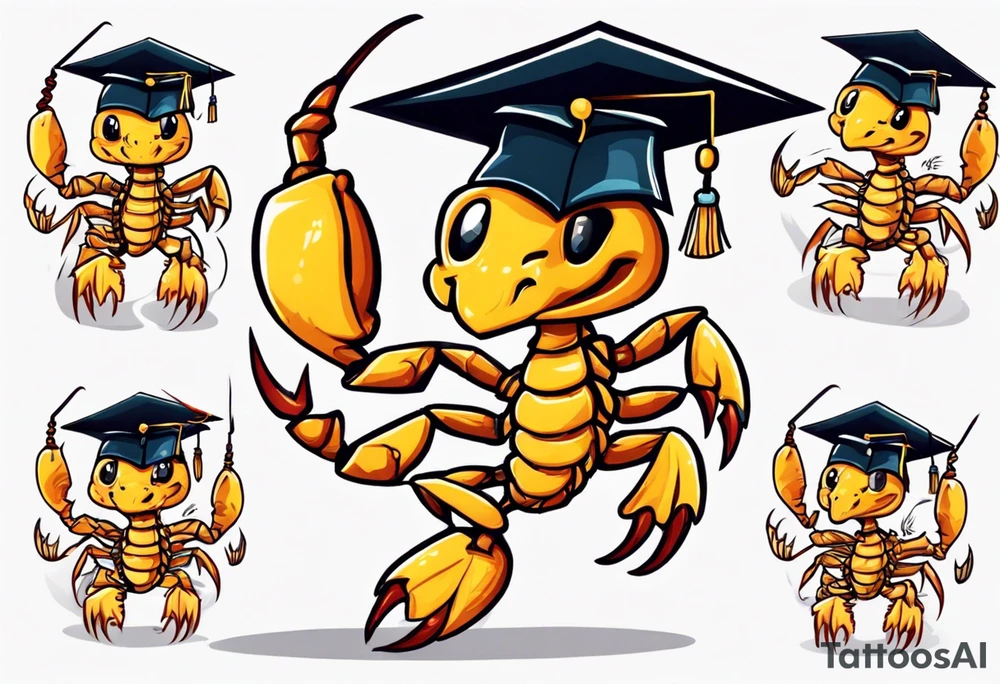 cute scorpion wearing a graduation cap that says 2023, with the background that represents game development and designs tattoo idea