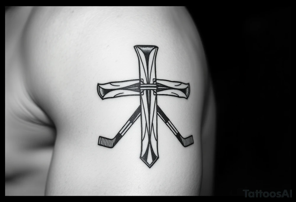 Realistic cross made out of hockey sticks tattoo idea