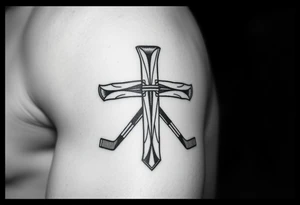 Realistic cross made out of hockey sticks tattoo idea