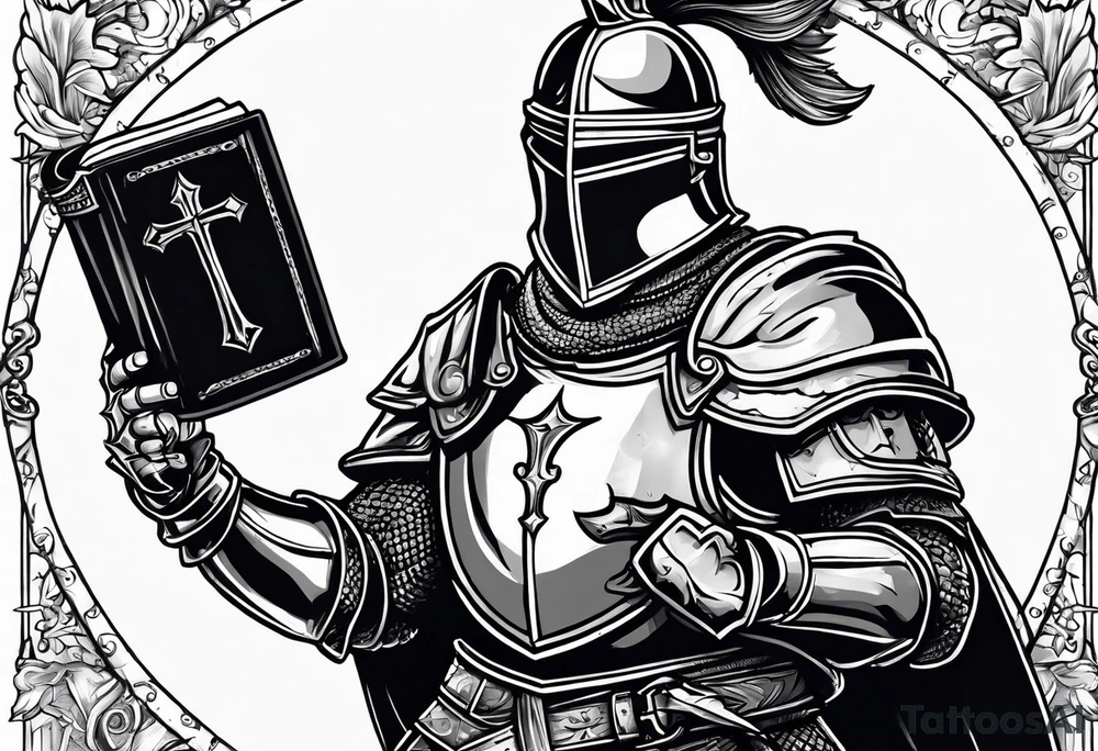 knight holding a bible over his head in combat with both hands tattoo idea
