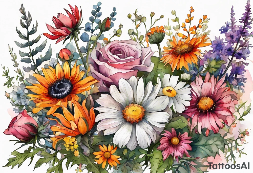 wildflowers cascading with thistles, ferns, white anemones, sun flowers, orange flowers, pink flowers, red flowers, babys breath and daisies all in watercolor tattoo idea