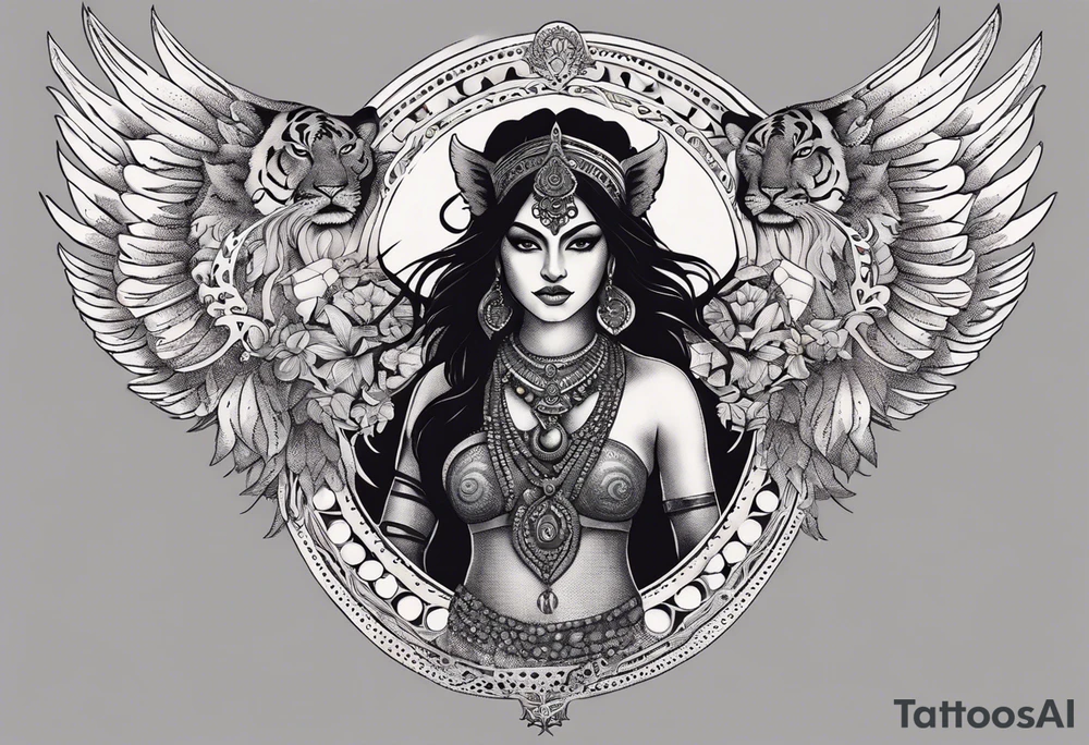 black kali, goddess pirate, alien, angel, pachamama, valkrye, warrior, flying, skull, lotus azul, wing, eagle, zenza resonance, stars, 5D, anahata chakra, death, durga, riding on a tiger, flying lady, kundalini, chest tatoo, samuri, rebel, serpent tattoo idea