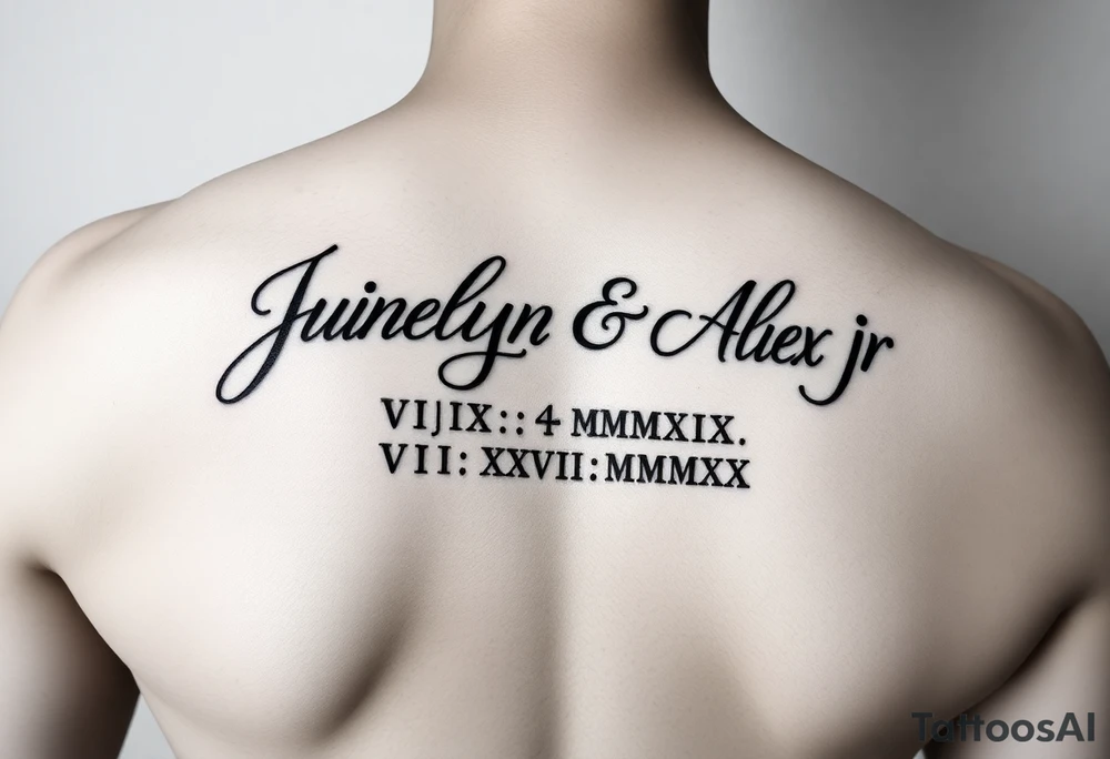 Junelyn & Alex Jr in cursive font with dates VI·IX·MMXIX VII·XXVII·MMXX tattoo idea