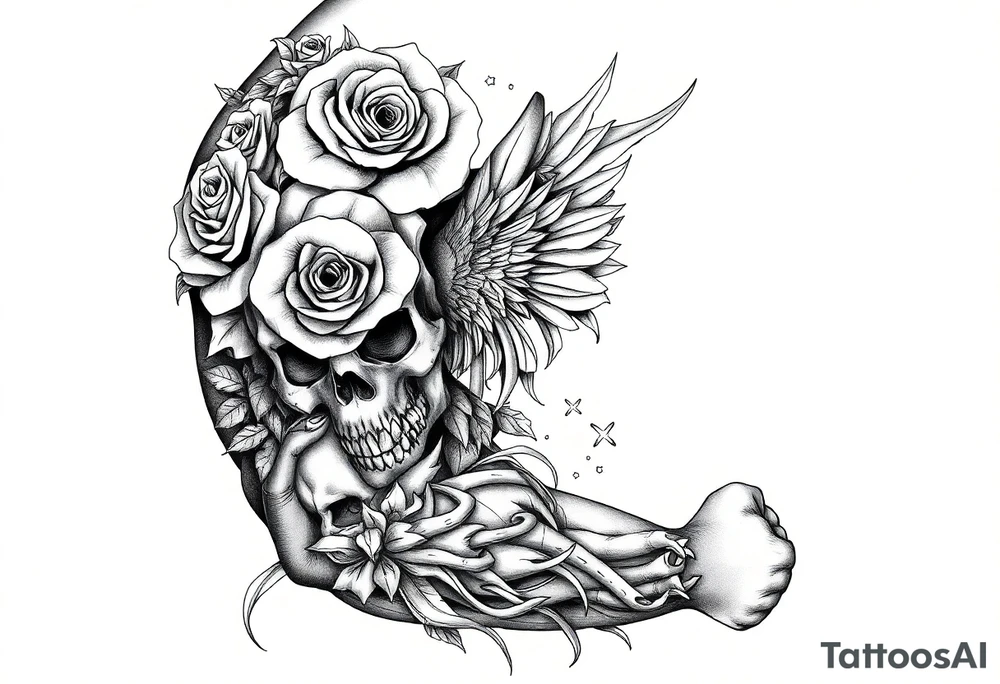 Roses and skulls and wolfs and the death of a angel in a tribal format tattoo idea