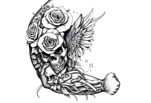 Roses and skulls and wolfs and the death of a angel in a tribal format tattoo idea