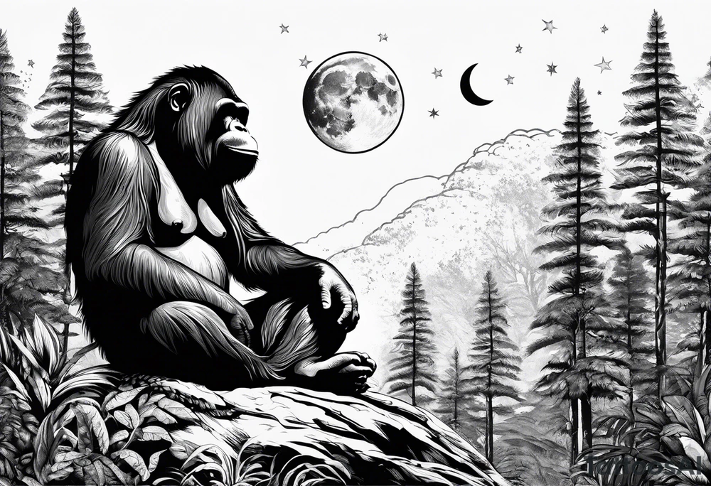 meditating orangutan in the forest with stars and moon, dark tattoo idea