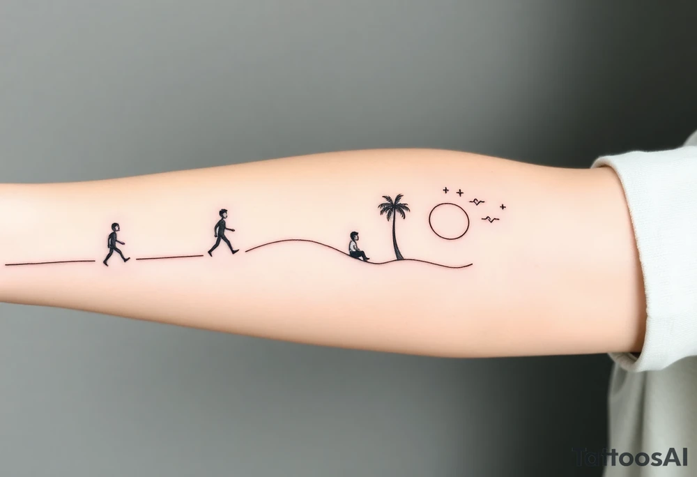 Create a minimalist tattoo design that wraps around the upper right arm, just below the armpit and above an existing blackwork sleeve.

Design Flow:

The tattoo is connected by a thin, continuous line that wraps around the arm.

On the outer/front arm, place a small, minimal walking figure on the line, moving forward. The line should have a gentle wave under his steps to create movement.

The line continues to the inner arm, where a boy is sitting on the line (with his back to the viewer, legs dangling below the line).

To the right of the boy, place a slightly leaning palm tree growing from the line.

Behind or beside the tree, include a minimal sun, low on the horizon (simple circle or half-sun).

In the space above, softly scatter minimalist stars, mostly dots, with 2–3 sparkles or tiny diamond shapes.

Style Notes:

Keep everything in fine line / minimalist style, no heavy shading

Design should feel light, dreamy, and reflective — symbolizing balance between stillness and motion

Line should echo the flow of the existing tribal/blackwork arm band below, but not mimic or clash with it

The boy should sit directly under the palm and with the back to the viewer and the feet hanging from the line tattoo idea
