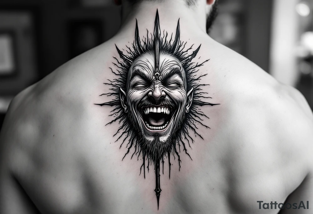laughing man face behind trident tattoo idea
