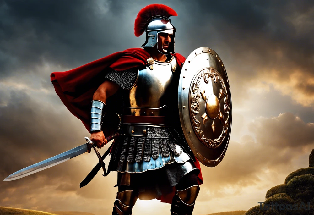 a roman soldier from AD 60, wearing armor which must include an armoured belt, breastplate, armoured shoes, shield, helmet and sword.
the soldier must look strong. the soldier is faceless. The image must include the full person, not just the top half. The soldier is mid-battle, fending off flaming arrows with his sheild tattoo idea
