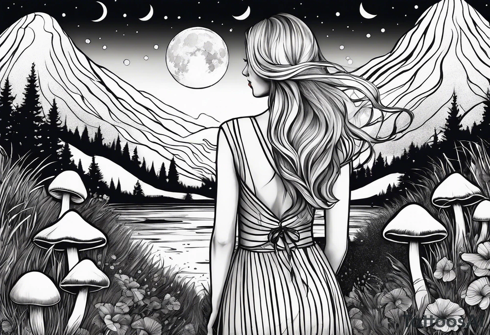 Straight blonde hair girl facing away toward mountains surrounded by mushrooms crescent moon circular design black and white striped dress tattoo idea