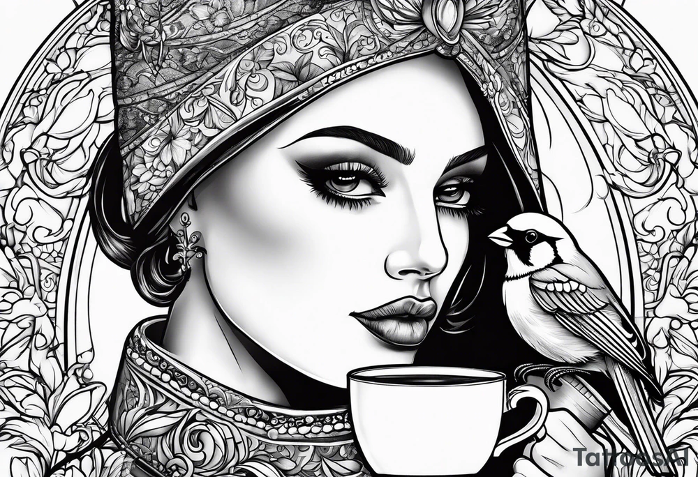 female cardinal drinking a cup of coffee tattoo idea