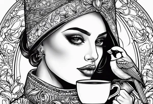 female cardinal drinking a cup of coffee tattoo idea
