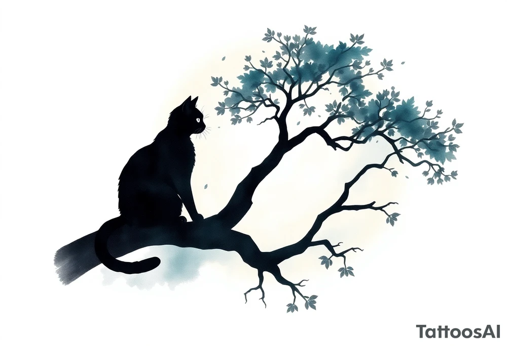 a cats sillhouette siting on a tree in the moon light tattoo idea