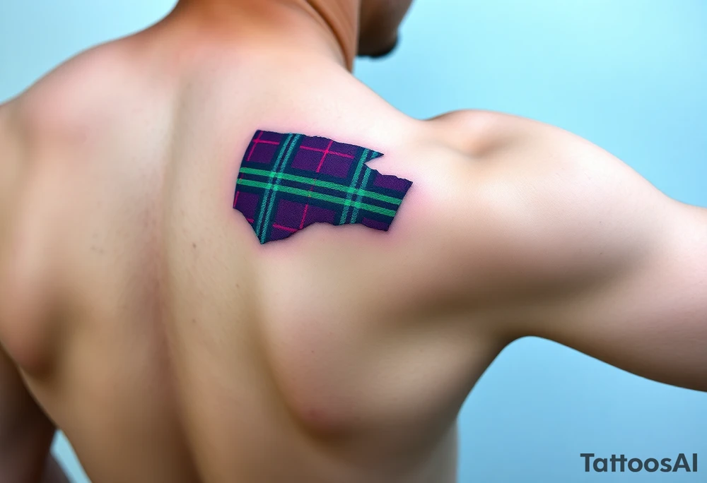 arm Dark Purple with green pink blue and white highlights tartan fabric with flesh peeling away at edges tattoo idea