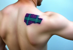 arm Dark Purple with green pink blue and white highlights tartan fabric with flesh peeling away at edges tattoo idea