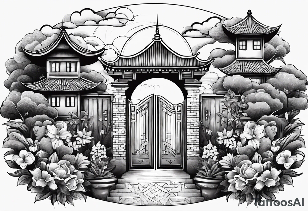 night orient town  garden small houses gate entrance 
 in circle vignette surrounded by clouds floral tattoo idea