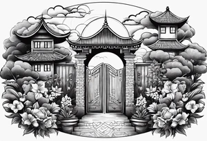 night orient town  garden small houses gate entrance 
 in circle vignette surrounded by clouds floral tattoo idea