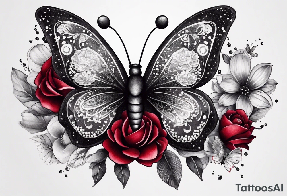 Flowers with "Ruby" in calligraphy font and butterflies around it tattoo idea