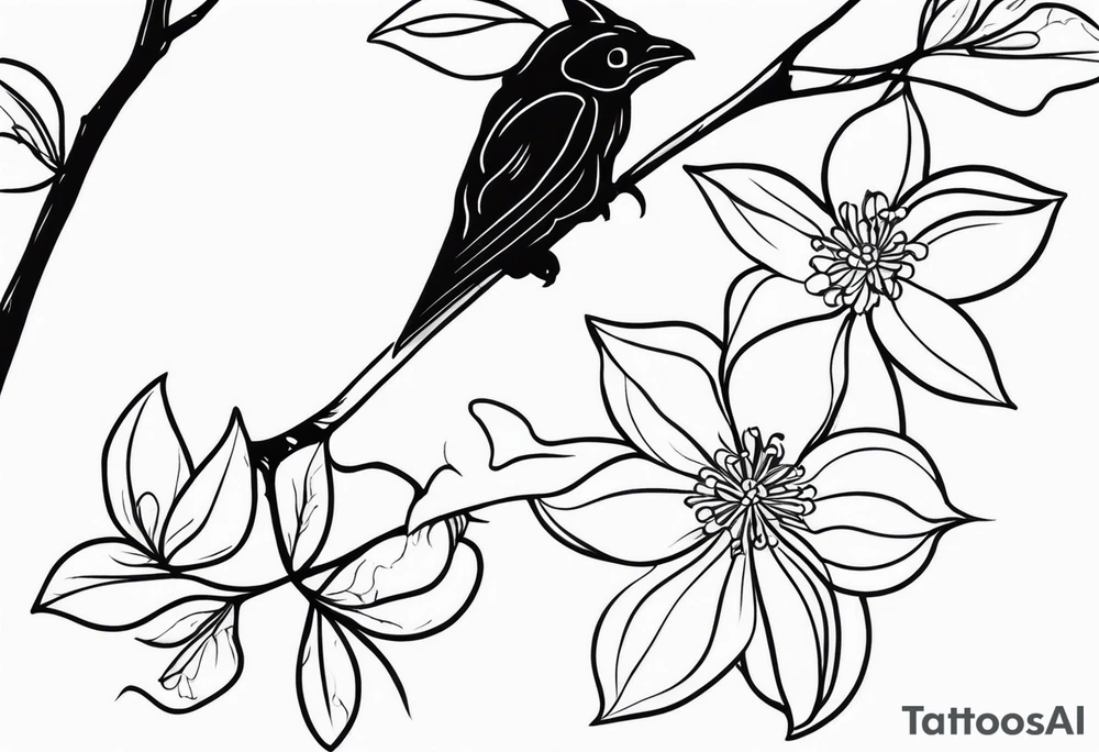 Shoulder and collarbone tattoo of a vibe of night-blooming Jasmine with a bat hanging from one of the stems. Make the bat spooky tattoo idea