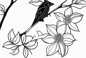 Shoulder and collarbone tattoo of a vibe of night-blooming Jasmine with a bat hanging from one of the stems. Make the bat spooky tattoo idea