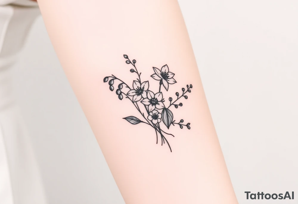 Bouquet of birth months flowers Lilly of the valley, daffodil, larkspur and Ilex aquifolium with berries tattoo idea